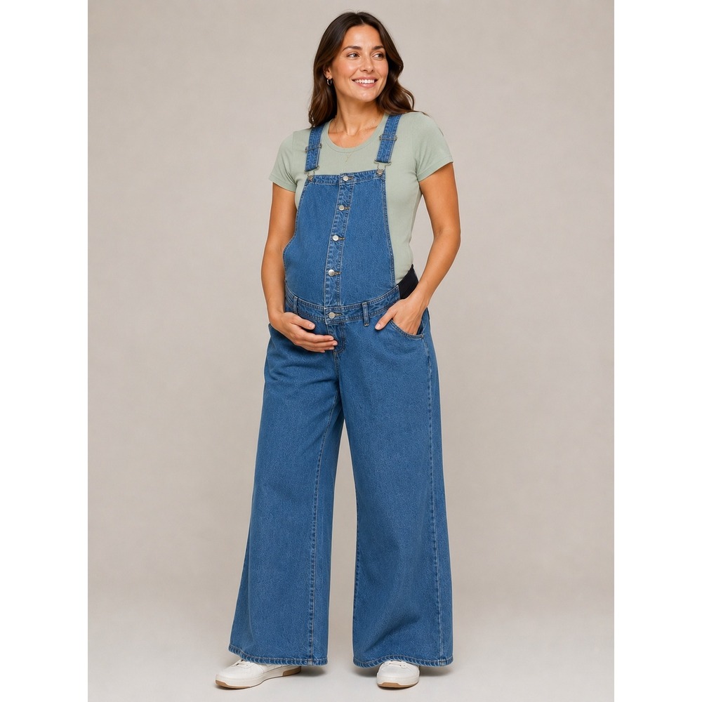 Isabel Maternity Wide Leg Denim Overalls Boho Minimalist Streetwear Blue 10 NWT
